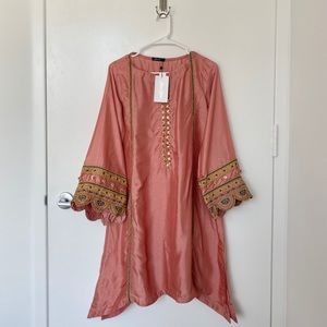 Cross Stitch Salmon Embroidered Kurta Size M